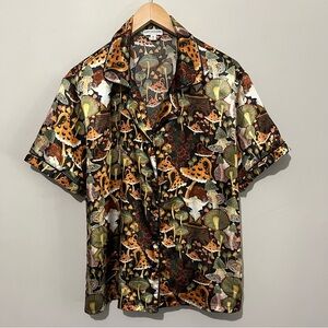 Earthbound gnome and mushroom satin button up PJ shirt